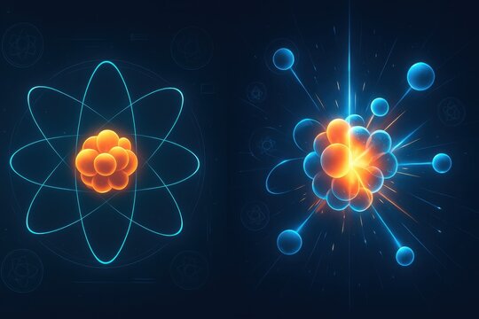 Explosive atomic reactions and particles in futuristic scientific style