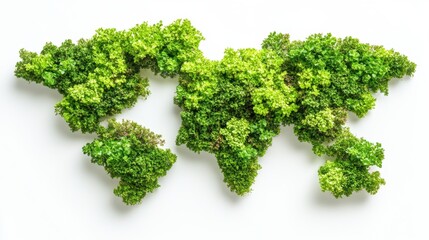 Creative representation of a world map crafted from lush green foliage on a clean white background