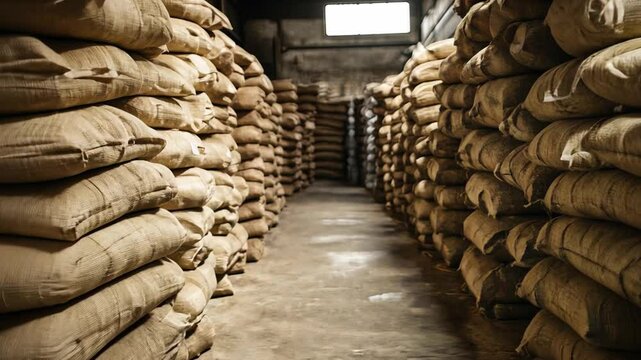 Stacks of Burlap Bags Storing Grains in a Warehouse with Dim Lighting and Shadows Creating an Atmosphere of Industry and Abundance