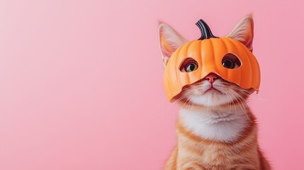Fototapeta premium Cute Cat Wearing Pumpkin Shaped Mask Against a Pastel Pink Background for Autumn Fun