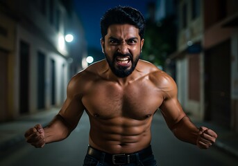 Fototapeta premium A muscular man's defiant roar echoes through a shadowy city street at night, captured in dramatic low-light.