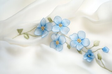 Delicate blue flowers embroidered on a flowing white fabric, a serene and elegant design.