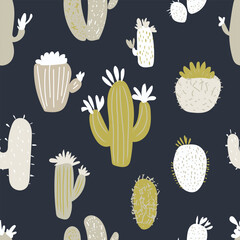 Seamless pattern with hand drawn cactus. Cute colorful print. Vector illustration.
