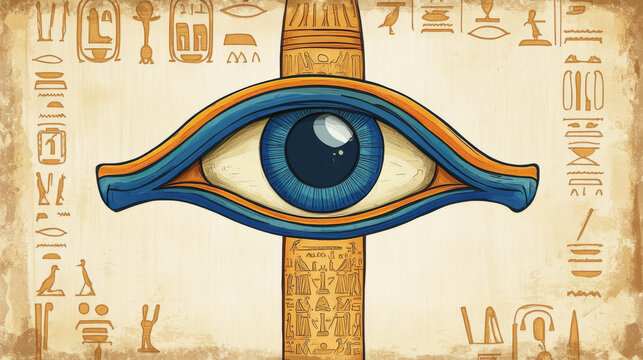 Ancient Egypt papyrus or stone column with sacred eye of Horus cartoon vector illustration. Egyptian culture symbol, blank unfolded ancient paper with hieroglyphs, graphical user interface for game