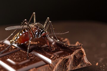 Macro view of Aedes aegypti on a piece of dark chocolate, gourmet and indulgence theme.