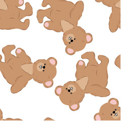 Cute brown teddy bear sits and smiles. Design children's seamless pattern.