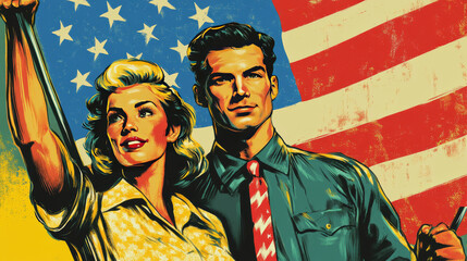 Obraz premium American patriotic activists poster with people holding USA flag. Vector flyers with cartoon illustration of woman and african american man on demonstration for human rights