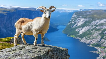 Obraz premium Majestic Goat on a Norwegian Fjord Clifftop