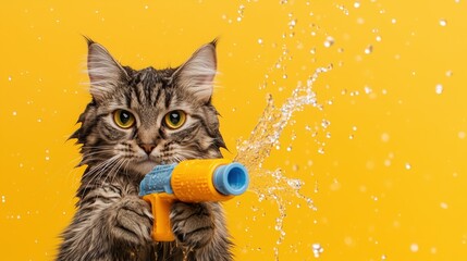 Playful Wet Tabby Cat Holding Squirt Gun with Water Splashing on Bright Pastel Background