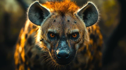 close-up of a hyenas face with a dramatic look