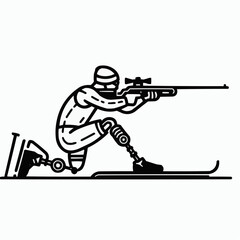 Disabled skier aiming a rifle while kneeling on skis in a focused shooting pose
