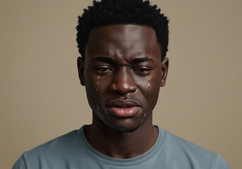 Obraz premium A young man's silent tears, a portrait of sorrow and vulnerability, rendered in hyperrealistic detail against a muted background.