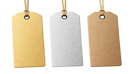 Three metallic tags in gold, silver, and bronze colors, featuring a smooth texture and a hole for attaching strings.