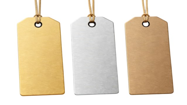 Three metallic tags in gold, silver, and bronze colors, featuring a smooth texture and a hole for attaching strings.
