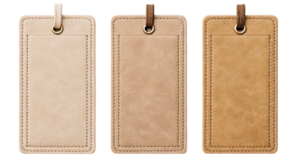 A set of three leather tags in various shades, each with a loop for attachment, showcasing texture and stitching details.