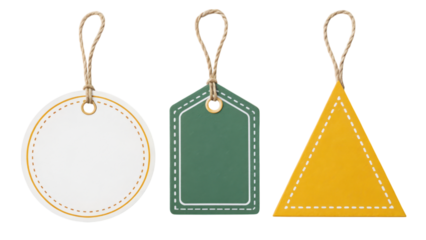 Three distinct tag shapes in various colors, featuring a circular, rectangular, and triangular design, each with stitched edges and a hanging loop.