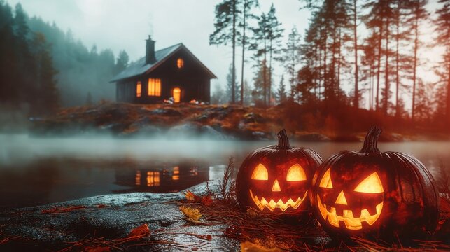 A rustic cabin nestled in a forested lakeside setting with a tranquil atmosphere and glowing jack o  lanterns on a moody autumn evening