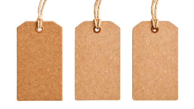 Three blank, rectangular tags made of cardboard, each with a string for attaching, ready for labeling or customization.