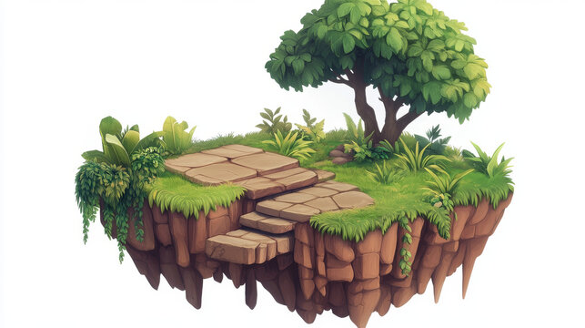 Cartoon 2d vector isolated floating platform asset for game. Transparent background scene for ui animation. Jump level on ground. Flying island with grass illustration. Summer adventure in jungle.