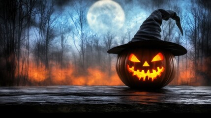 A carved jack o lantern pumpkin with an eerie glowing face sits in a dark misty forest on a moonlit night creating a haunting and atmospheric scene