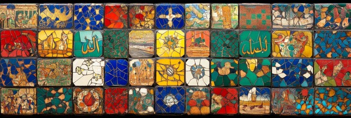 Colorful patterned square tiles arranged in a grid pattern with