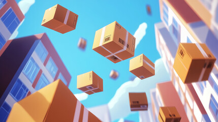 3d render delivery box with wings in flight. Brown winged cardboard parcels fly. Online shipping service icons, global logistic, quick and fast cargo shipment Illustration in cartoon. 3D Illustration