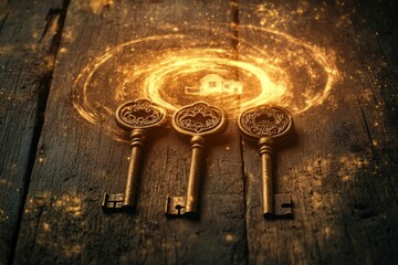 Three ornate keys on a wooden surface, magically illuminating a house sketch, symbolizing homeownership.