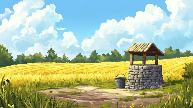 Parallax background for game, old stone well with drinking water on hill with farm fields around. Summer 2d landscape with vintage rural well and bucket on rope separated layers, Cartoon vector scene