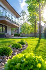 Obraz premium Elegant and luxurious residential villa surrounded by a lush well manicured backyard landscape featuring beautifully landscaped greenery trees