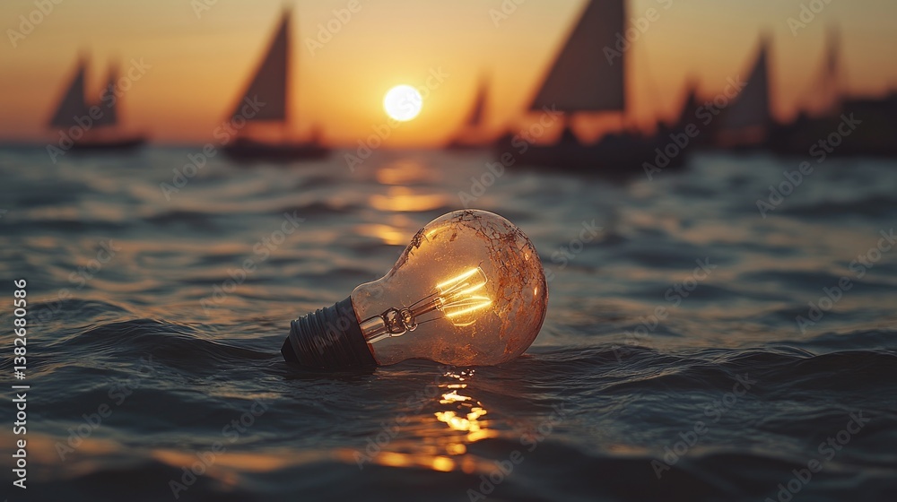 Poster a broken lightbulb still glowing, floating in the ocean at sunset, with blurred sailboats in the bac