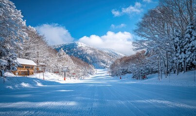 Breathtaking snow-covered landscape of Kisesangaya Ski Resort in Japan, with pristine slopes and clear blue skies. Perfect for winter and adventure travel themes.