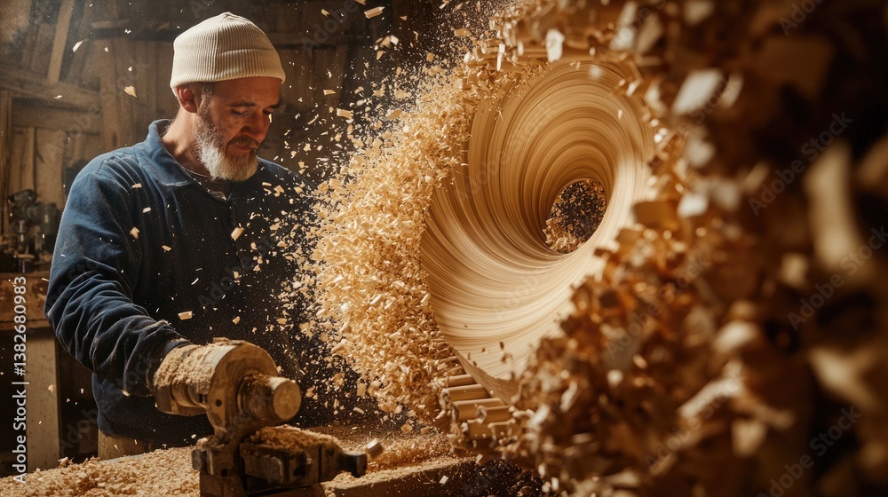 Poster a carpenter focuses intently on a lathe as wood chips fly in all directions, capturing the beauty of