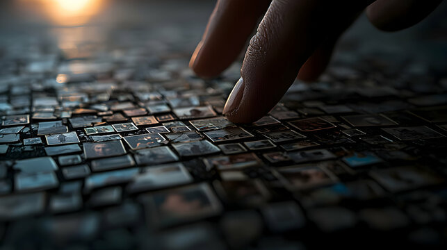 Wet Finger Touching a Mosaic of Small Images on a Dark Surface