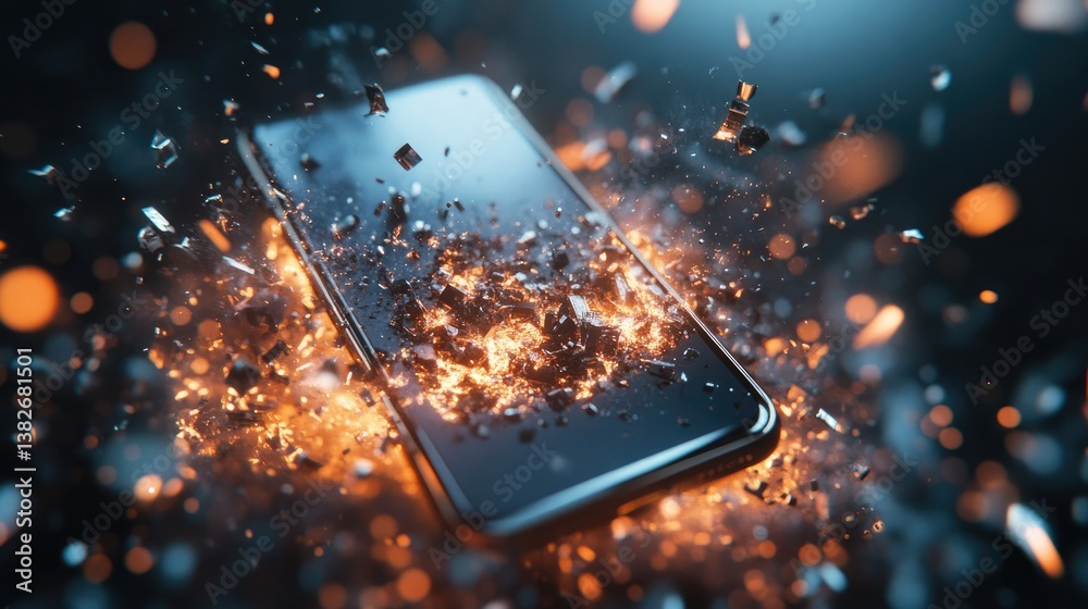 Poster A close-up of a smartphone exploding into fragments, surrounded by flying debris, symbolizing the destructive side of cutting-edge technology