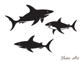 Fototapeta premium Black shark silhouette collection, set of shark silhouette vector illustration on a white background