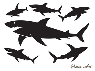 Black shark silhouette collection, set of shark silhouette vector illustration on a white background