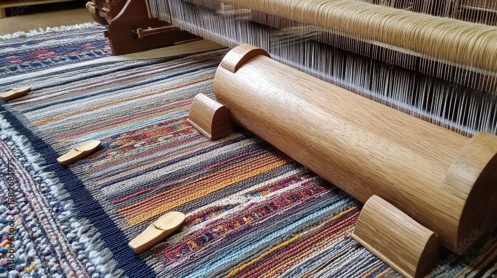 Poster a close-up of a weaving loom with vertical threads arranged precisely, and wooden shuttles in positi