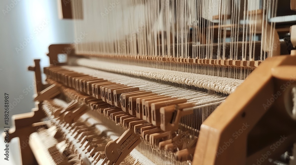 Poster a close-up of a weaving loom with vertical threads arranged precisely, and wooden shuttles in positi