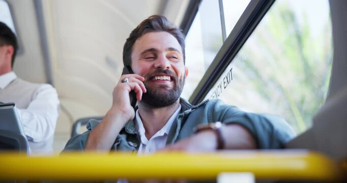Happy man, bus or conversation with phone call for commute, local travel or toursim in public transport. Male person, traveler or smile with mobile smartphone for friendly discussion or communication