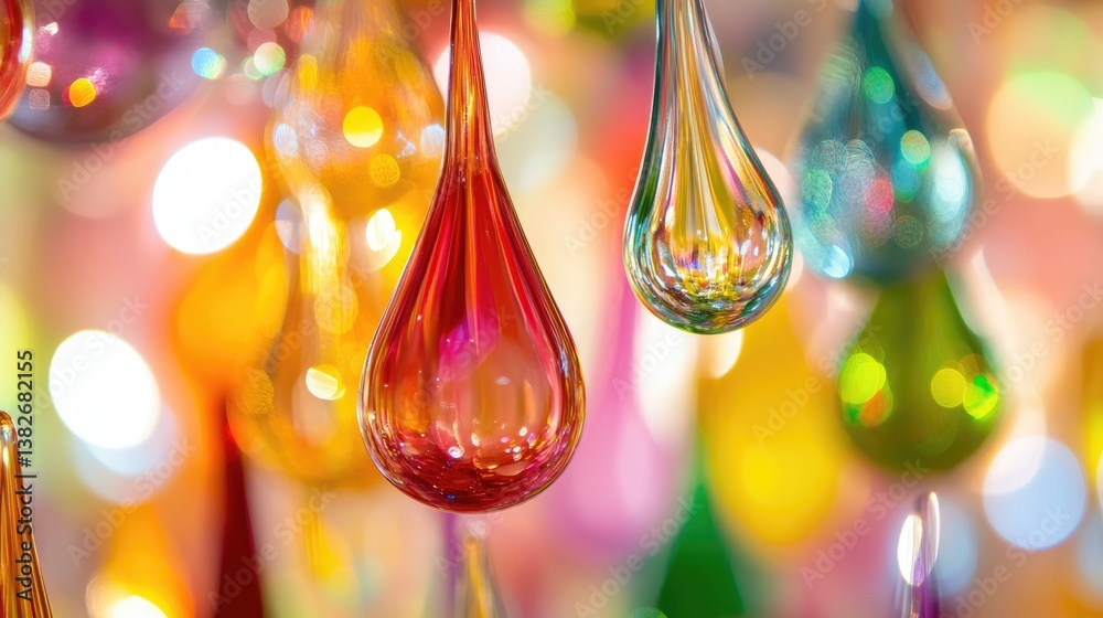 Poster a close-up of colorful glass droplets, reflecting light and adding depth to an abstract composition,