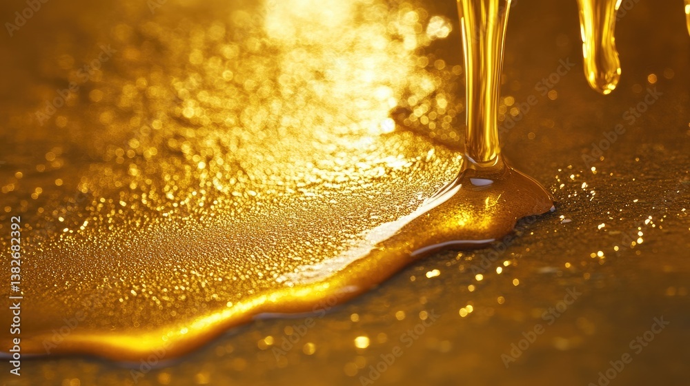 Aufkleber a close-up of golden liquid dripping down a textured surface, with light reflecting off the fluid, c