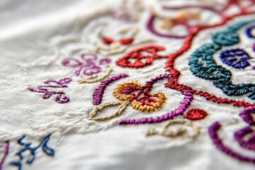 Close-up of vibrant, multicolored embroidery on white fabric, showcasing intricate floral patterns and detailed stitching.