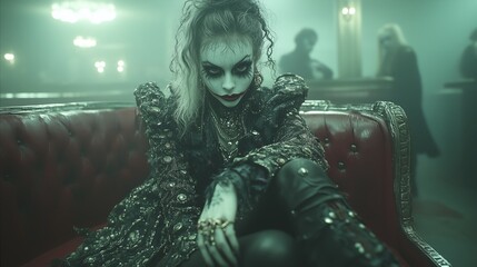 Woman in fantasy goth joker makeup at club is an inspiration for masquerade, gothic costume party, fantasy event, Halloween celebration and themed invitation