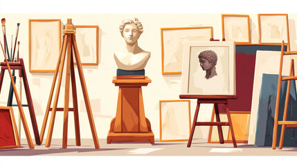 Art studio posters with canvas on easel, brushes and bust. Vector banners of artist class, workshop for painters with cartoon illustration of wooden easel, empty frames and portrait