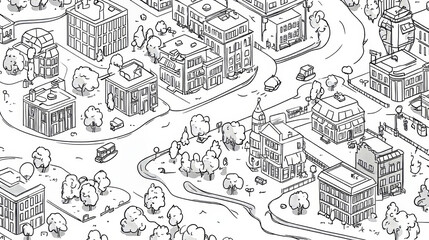 Naklejka premium Isometric map of city streets with buildings. Vector cartoon illustration of urban landscape with roads, apartment houses, cafe, shop, bank, hospital, park with green lawn, trees and river around town