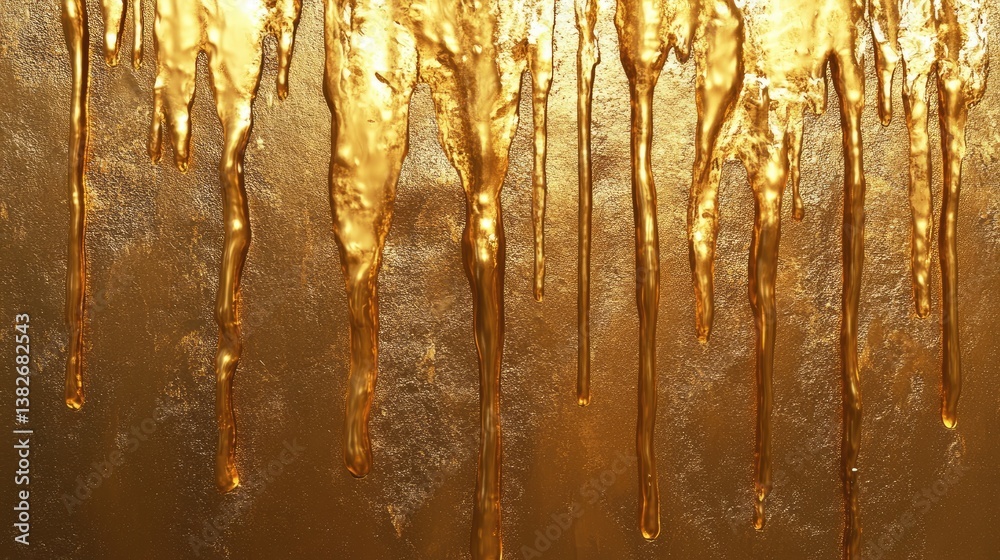 Poster a close-up of golden liquid dripping down a textured surface, with light reflecting off the fluid, c