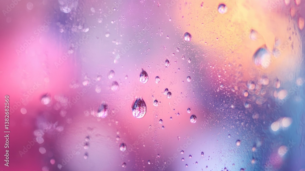 Poster a close-up of raindrops on a window, blurring colorful lights in the background, creating a soft, ar