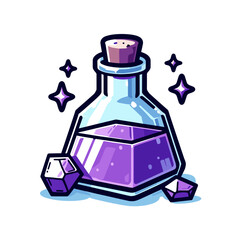 Vector illustration of magical potion bottle with purple liquid and crystals. Perfect for fantasy gaming assets or mystical concept art.