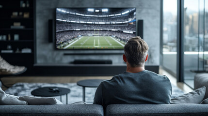 back view of man watching football on tv in modern living room with copy space