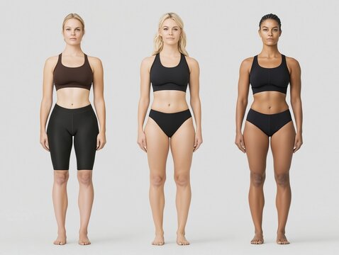 Three individuals, each representing different skin tones, stand confidently in minimalistic athletic wear. Their diverse features celebrate body positivity and promote inclusivity in fitness culture
